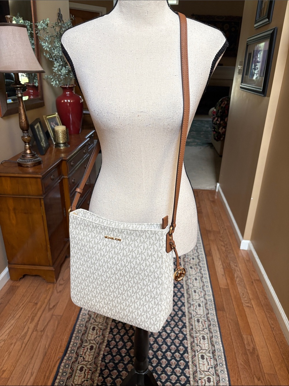 Michael Kors Cream Logo Crossbody with Brown Leather Strap - Picture 2 of 11